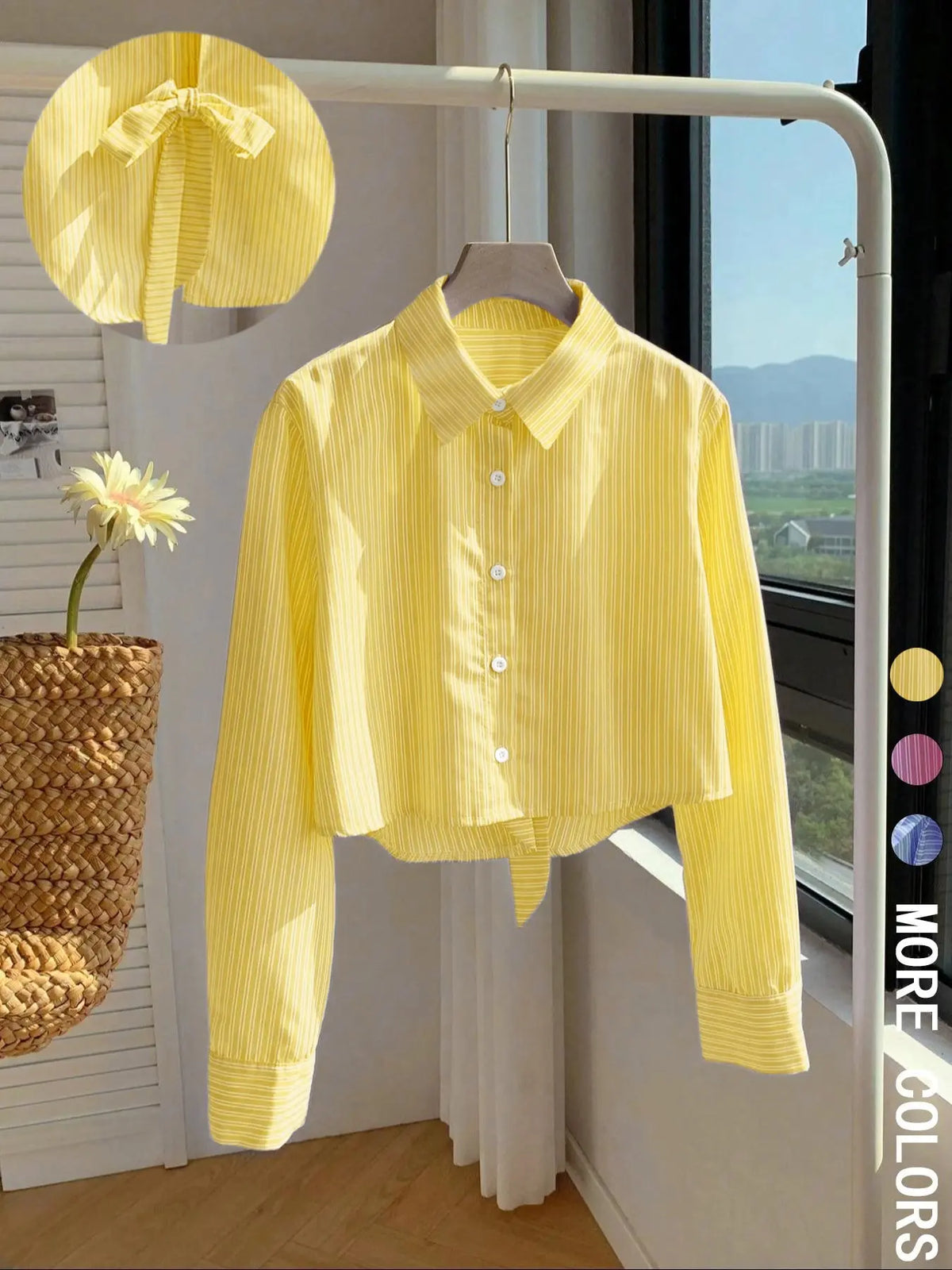Women's Striped Print Shirt Blouse, Casual Long Sleeve Collared Top for Daily Wear, Casual Daily Tops, Ladies Clothes for All Seasons, Knot Button