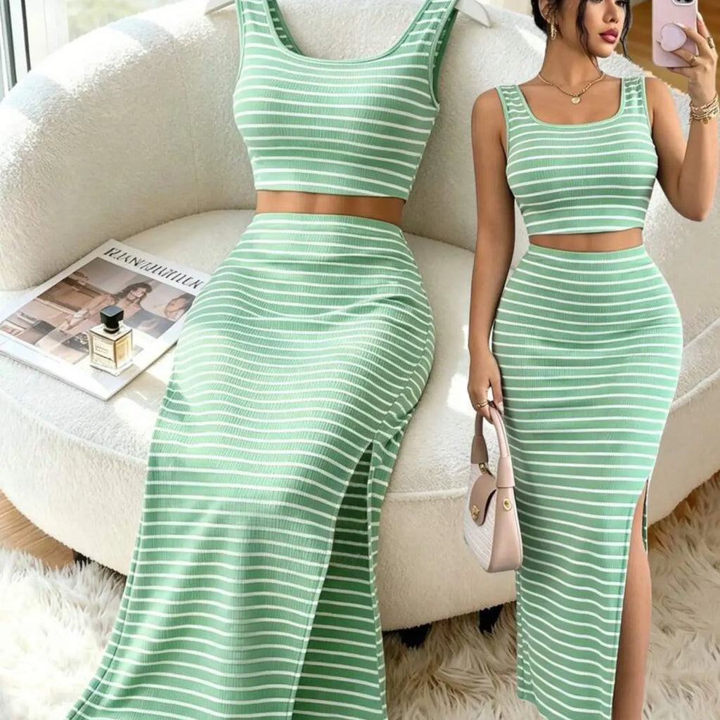 Striped Square Neck Crop Top and High Waist Side Slit Skirt Set, Chic, Casual, Perfect for Summer Travel, Daily Wear and Office