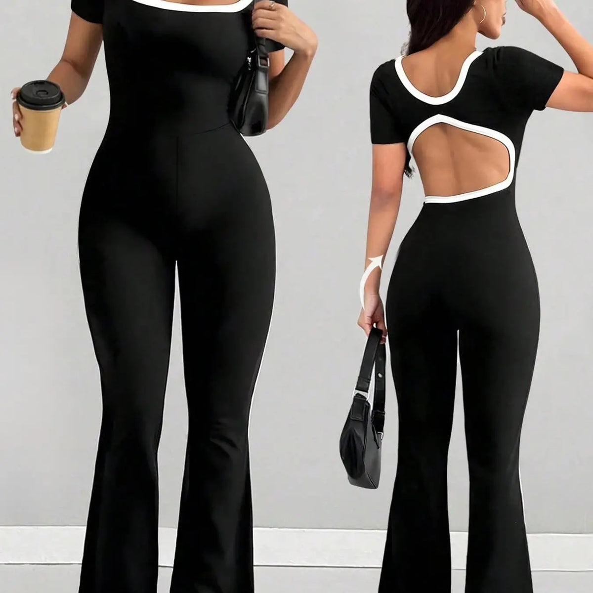 Casual Slim Fit Jumpsuit, Women's Colorblock Backless Flared Hem Design, Comfortable and Stylish One-Piece Clothing for Daily Wear, Backless Fitted Jumpsuit