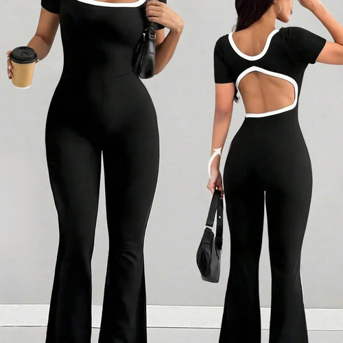 Casual Slim Fit Jumpsuit, Women's Colorblock Backless Flared Hem Design, Comfortable and Stylish One-Piece Clothing for Daily Wear, Backless Fitted Jumpsuit