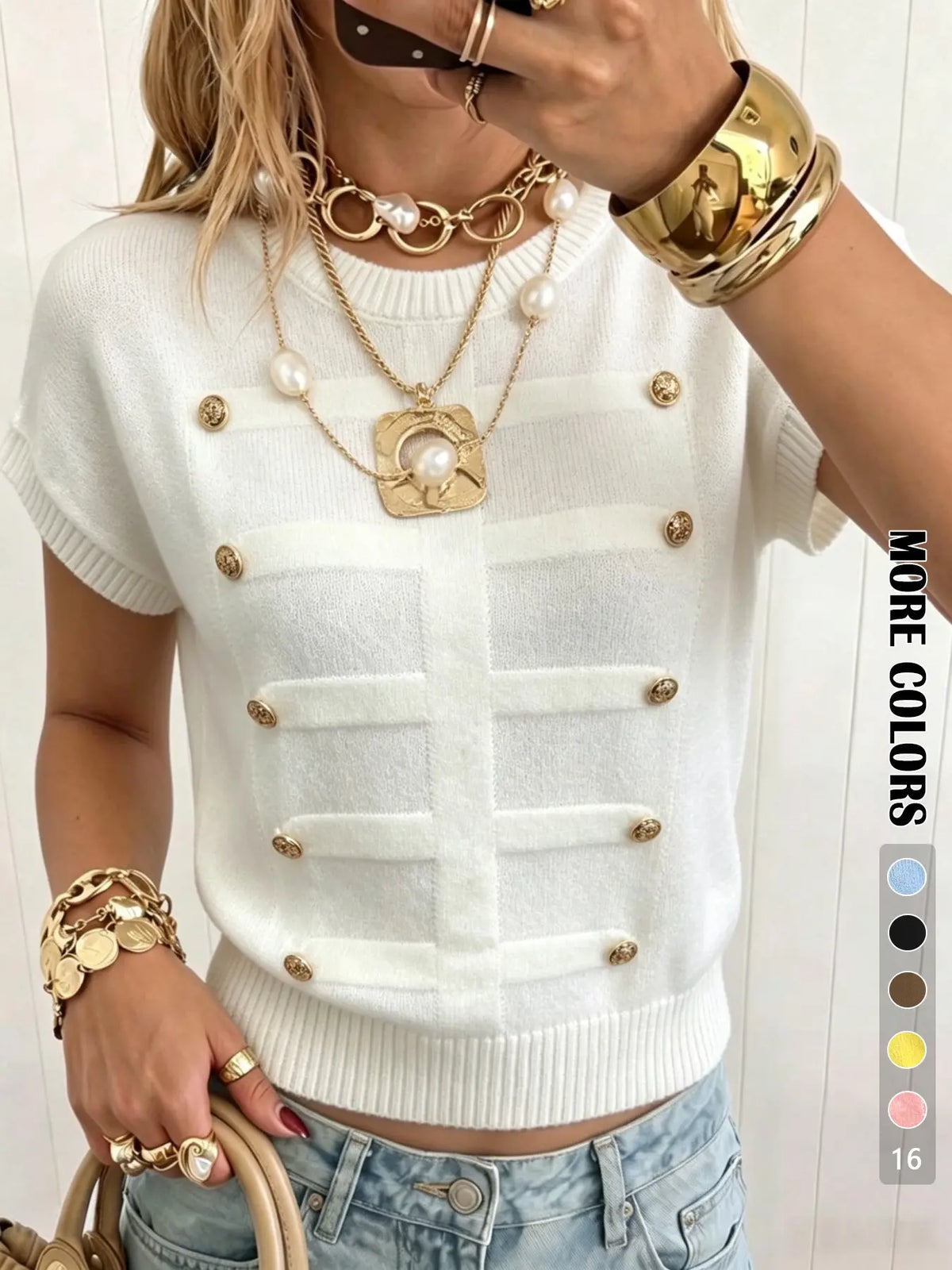 Elegant Loose-Fitting Plain Round Neck Metal Button Short Sleeve Pullover Loose Tops for Daily and Everyday Wear