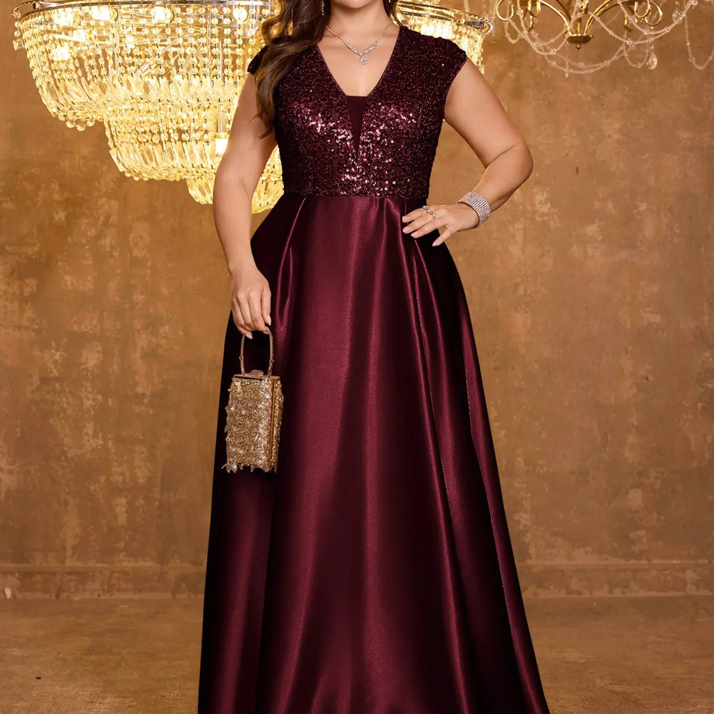 Luxurious Shiny Sequin Satin High-Waisted A-Line Sleeveless Long Dress, Elegant Formal Evening Gown, Perfect for Special Occasions