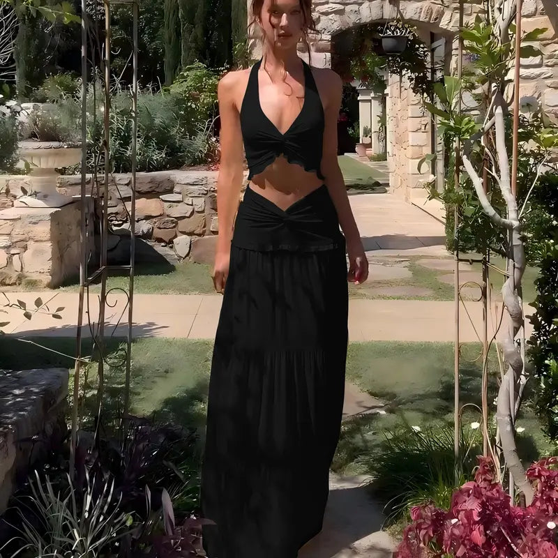 Backless Crop Top & Ruched Skirt Two Pieces Set Women's 2026 Summer & Fall New Clothes Sleeveless Halter Neck Top & Skirt Ladies Holiday Vacation Beach Lightweight Outfits Solid Color Skirt Suit