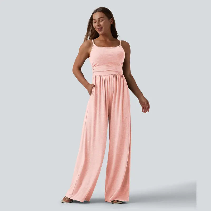 Halara Adjustable Straps Ruched Wide Leg Heathered Casual Jumpsuit with Pockets-Easy Peezy