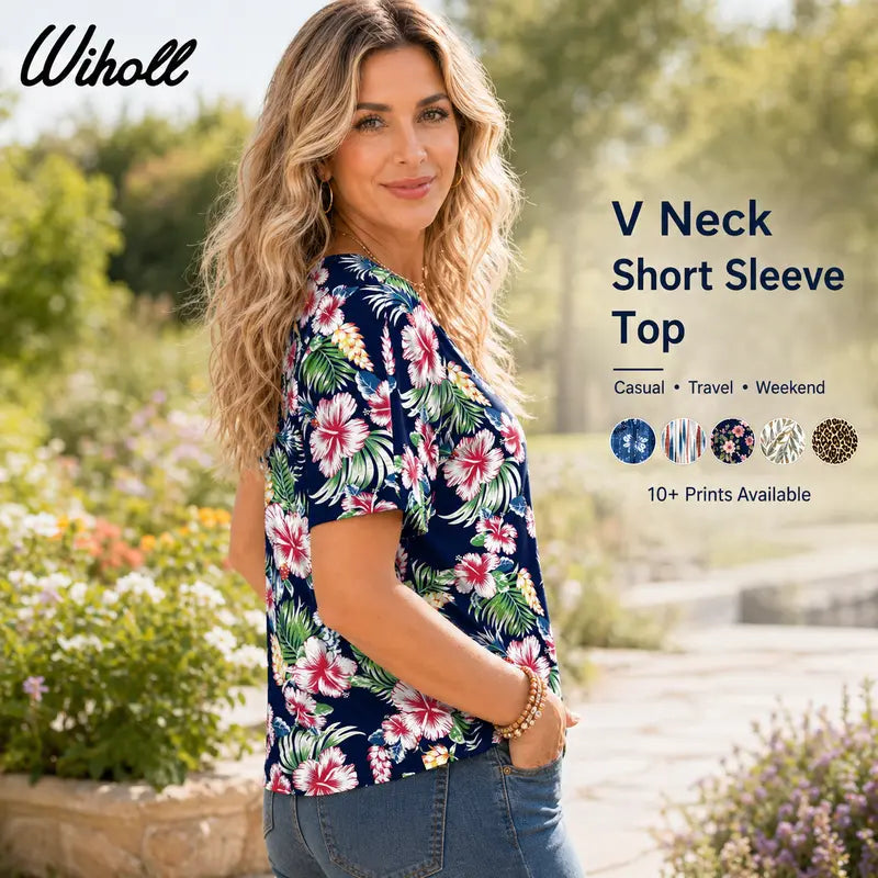 WIHOLL Women's 2026 Summer Basic Trendy Blouses - V-Neck Shortsleeve Lightweight Digital Print 12 Top, Stylish Dressy Casual Vacation Outfit, Women's Clothing