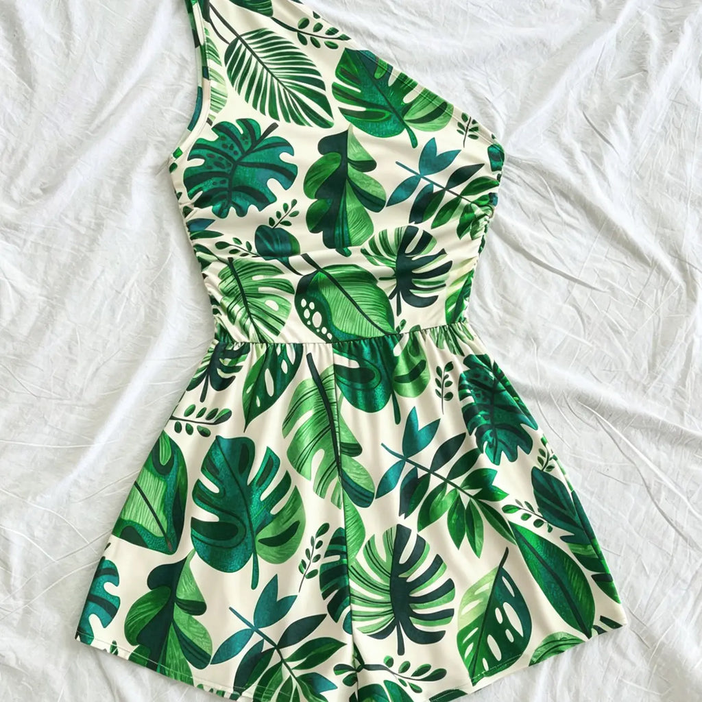 Women's Multicolor Tropical Print One-Shoulder Short Romper, Elastic Waist, Stylish Summer Beach Casual Wear