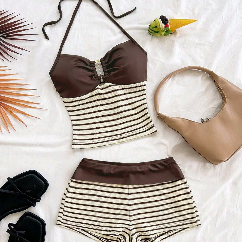 2026 Summer Women's New 2-Piece Set European Style High-Waisted Stripe Pleated Skirt, Slimming Halter Top with Metal Buckle, Chic and Versatile Outfit Set
