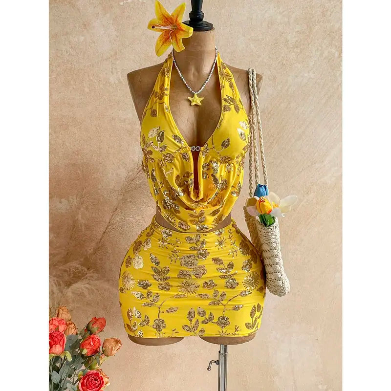 2pcs Fitted Shiny Fringe Sequin Drape Neck Camisole And Mini Skirt Set, Suitable For Music Festivals, Parties
