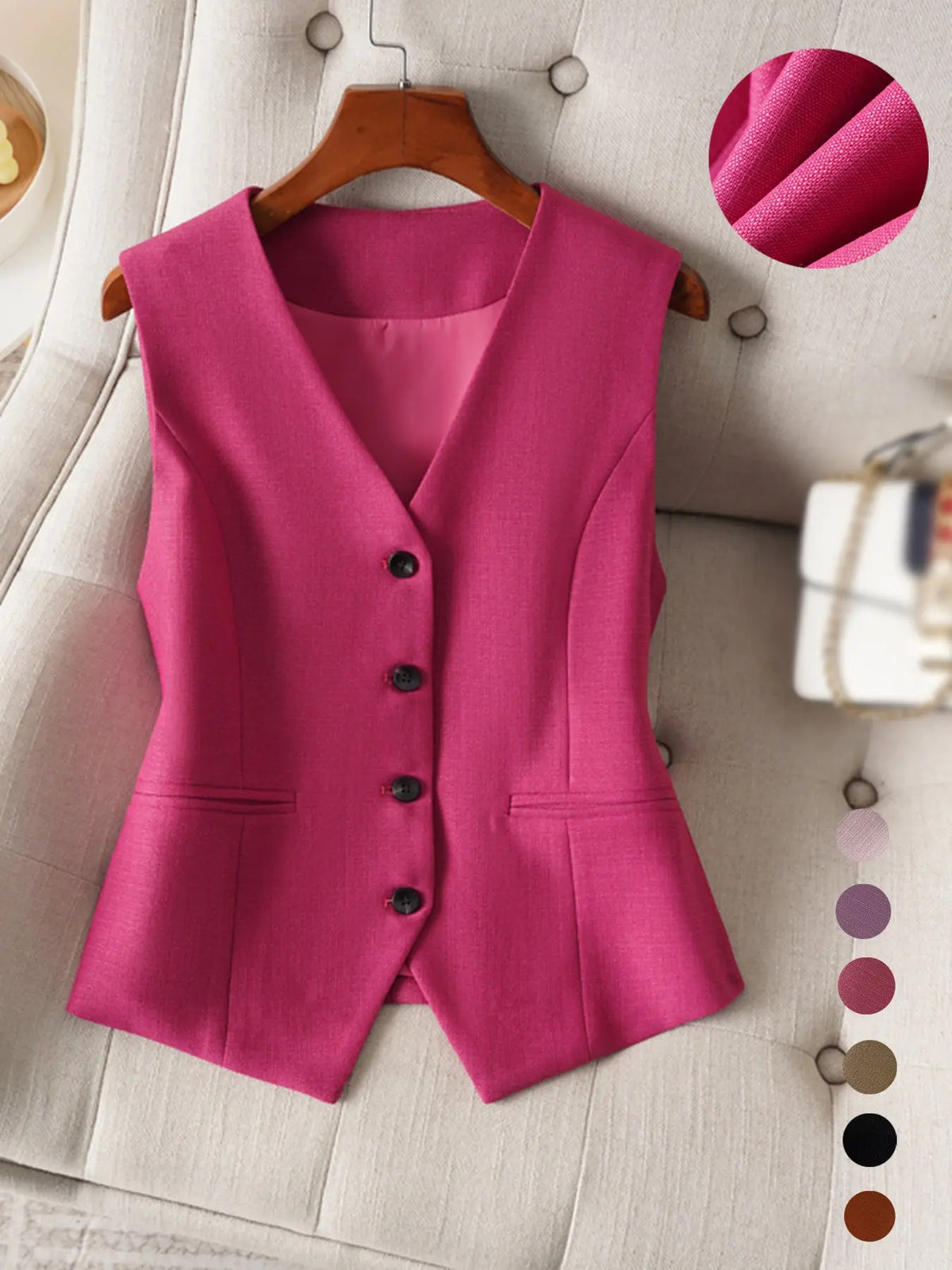 Women's V-Neck Button Gilet, Button Front Vest, Short Elegant Vest for Spring & Fall, Casual Plain Surface Outerwear, Fashionable Slim Fit Top