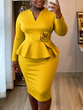 Plus-Size Women's V-Neck Elegant Dress, Elegant Party Dresses: Featuring 3D Floral Appliqués, Ruffles, Long Sleeve, Slim-Fit Body-Hugging Silhouette—Perfect for Church Events, Dinner Parties, Weddings, Cocktail Receptions