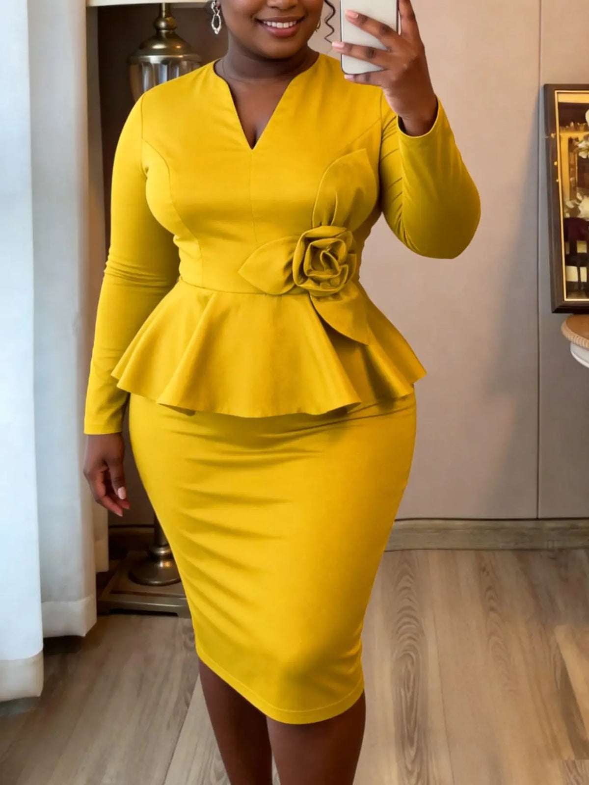 Plus-Size Women's V-Neck Elegant Dress, Elegant Party Dresses: Featuring 3D Floral Appliqués, Ruffles, Long Sleeve, Slim-Fit Body-Hugging Silhouette—Perfect for Church Events, Dinner Parties, Weddings, Cocktail Receptions