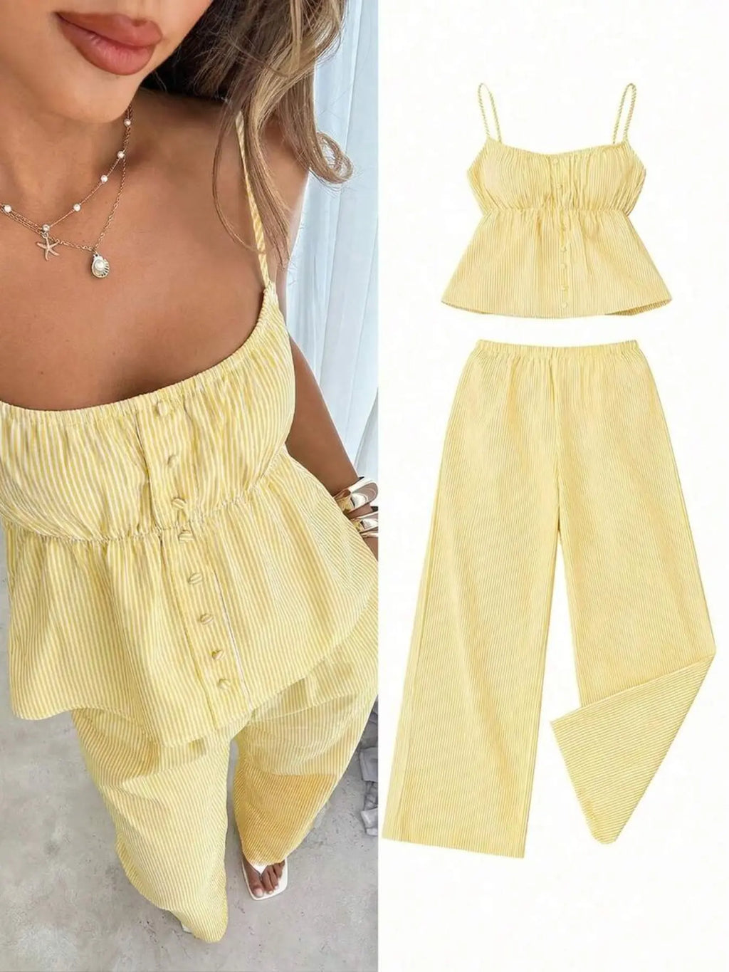Women’s Summer Tank Top and Wide-Leg, Striped Casual Two-Piece Outfit for Campus, Home and Everyday Wear Casual Chic Set