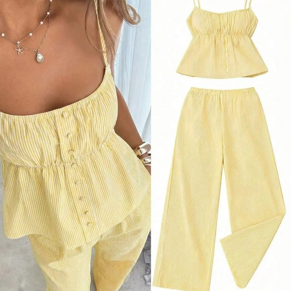 Women’s Summer Tank Top and Wide-Leg, Striped Casual Two-Piece Outfit for Campus, Home and Everyday Wear Casual Chic Set