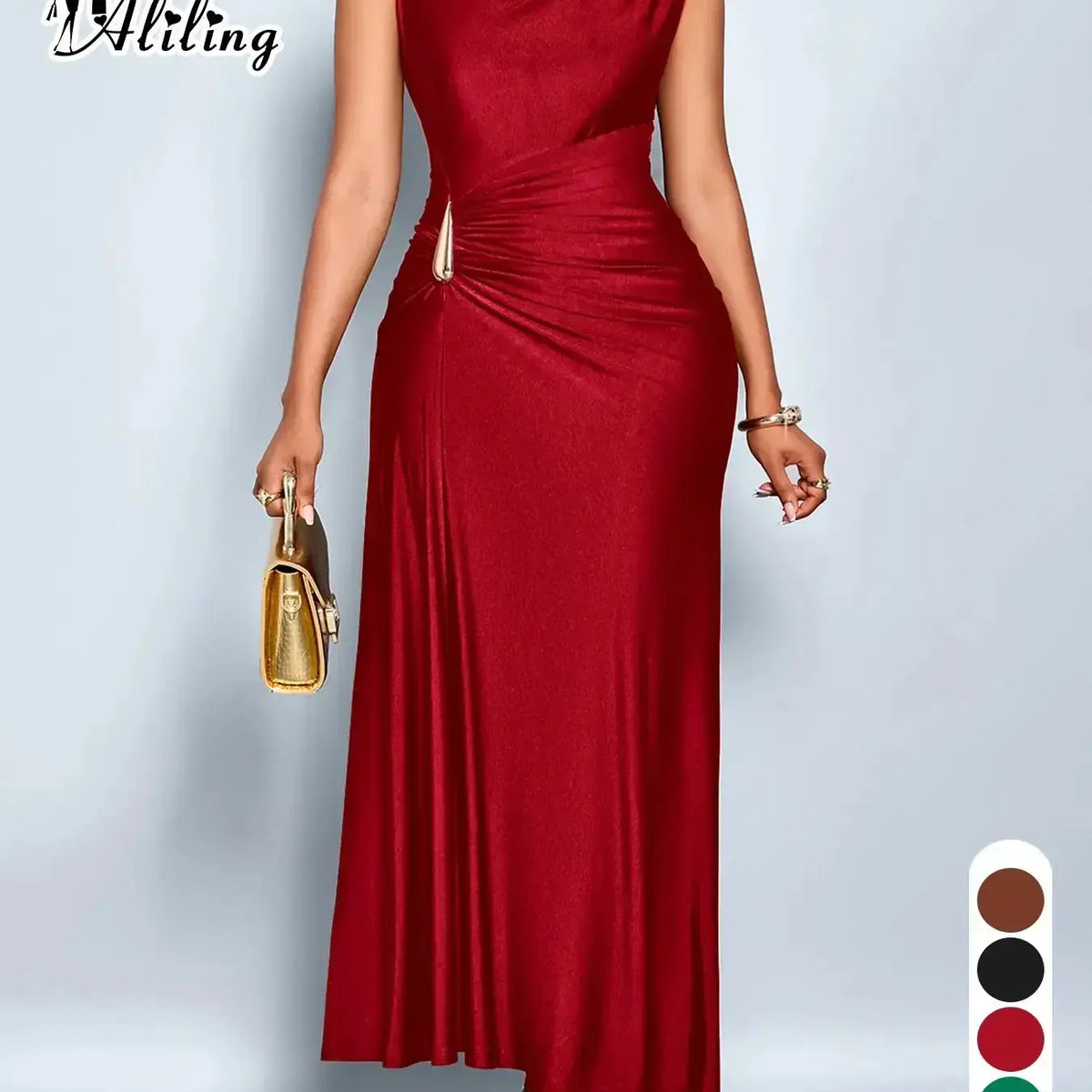 Aliling Elegant Chic Sleeveless Midi Dress for Women High Waist Folds Boat Neck Bodycon Fitted Solid Female Formal Evening Sexy Clothing Dresses for Party Perfect for Party and Dates Elegant Chic Gown Elegant Fashion Dress