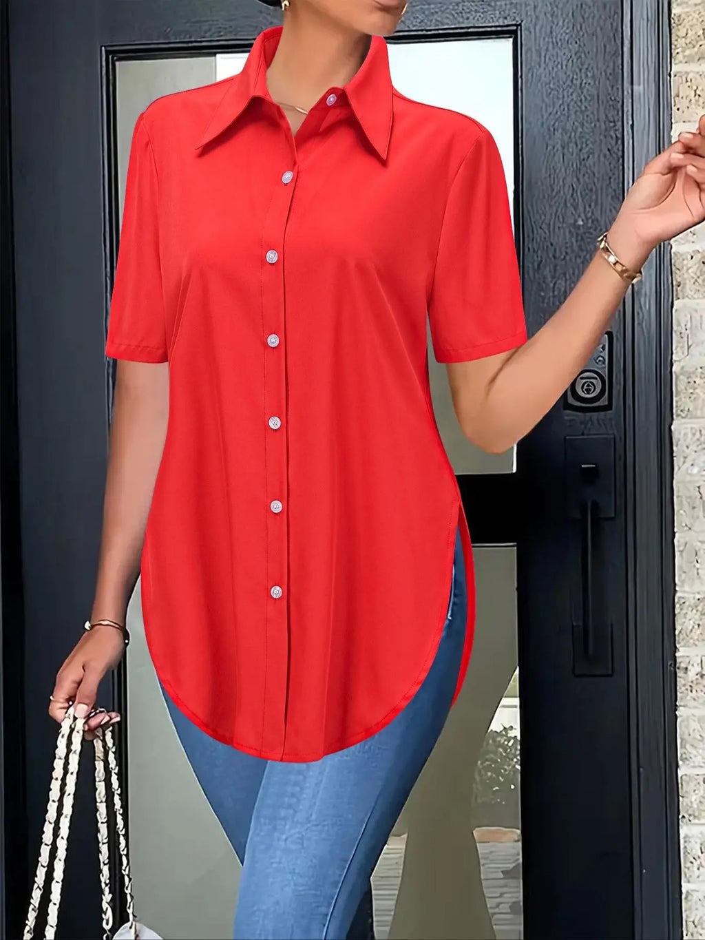 Women's Plain Curved Hem Minimalist Basic Fitted Button Shirt Blouses, Collared Top Blouse, Casual Short Sleeve Button Down Top for Summer, Ladies Clothes for Everyday Wear Womenswear