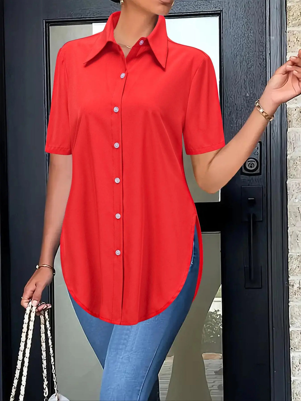 Women's Plain Curved Hem Minimalist Basic Fitted Button Shirt Blouses, Collared Top Blouse, Casual Short Sleeve Button Down Top for Summer, Ladies Clothes for Everyday Wear Womenswear
