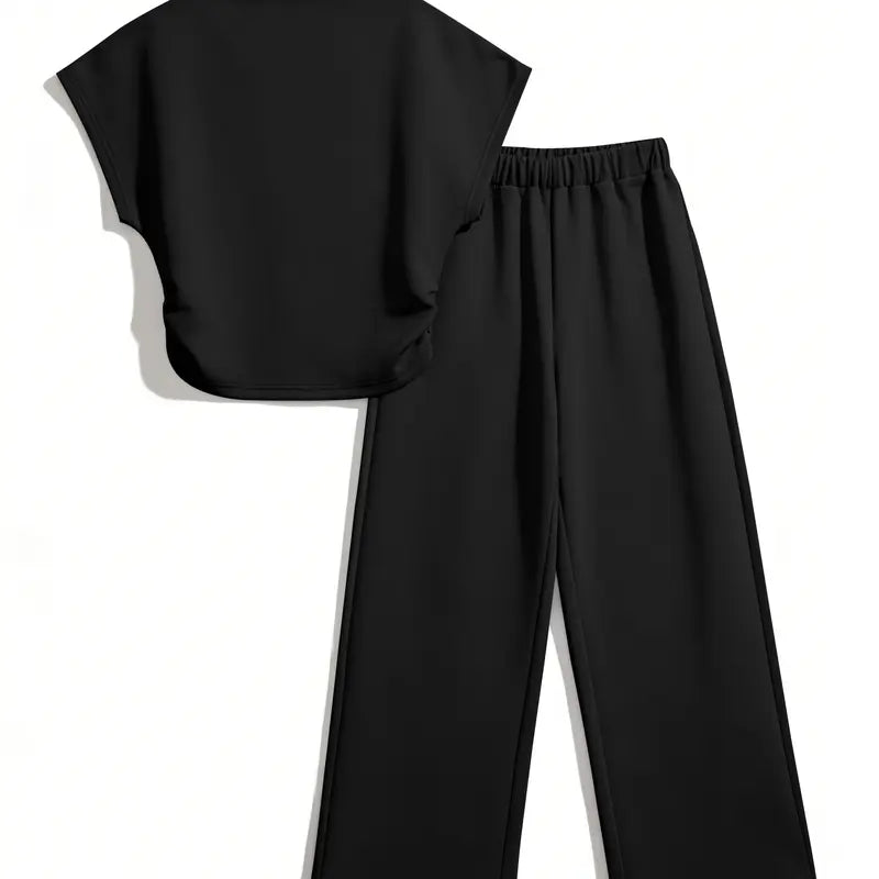 USBoutique Chic Women Summer Lightweight And Silky Soft Set Two Piece Casual Set Short Sleeved Semi High Neck Loose Top Wide Leg Pants Set
