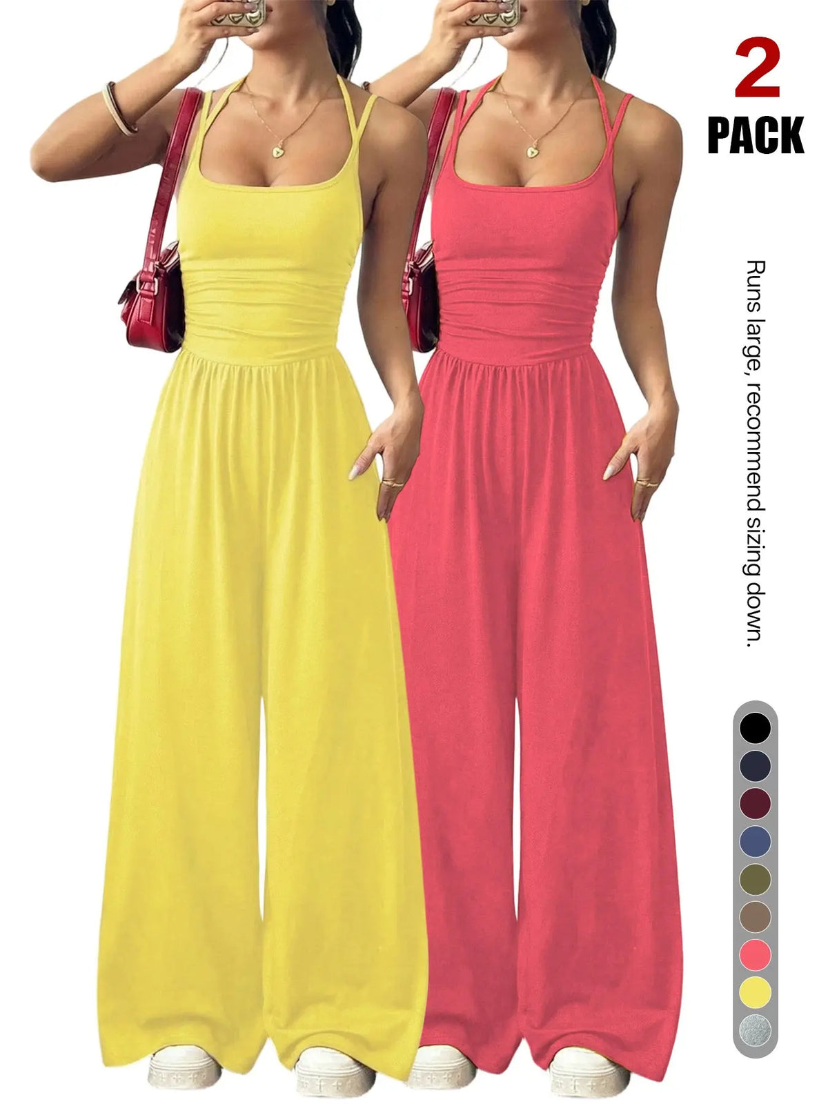 Women's Backless Jumpsuit, Basic Spaghetti Strap Smocked Bodice One Piece Romper, Sleeveless Wide Leg Casual Outfit, No Pockets, All Seasons Vacation Wear