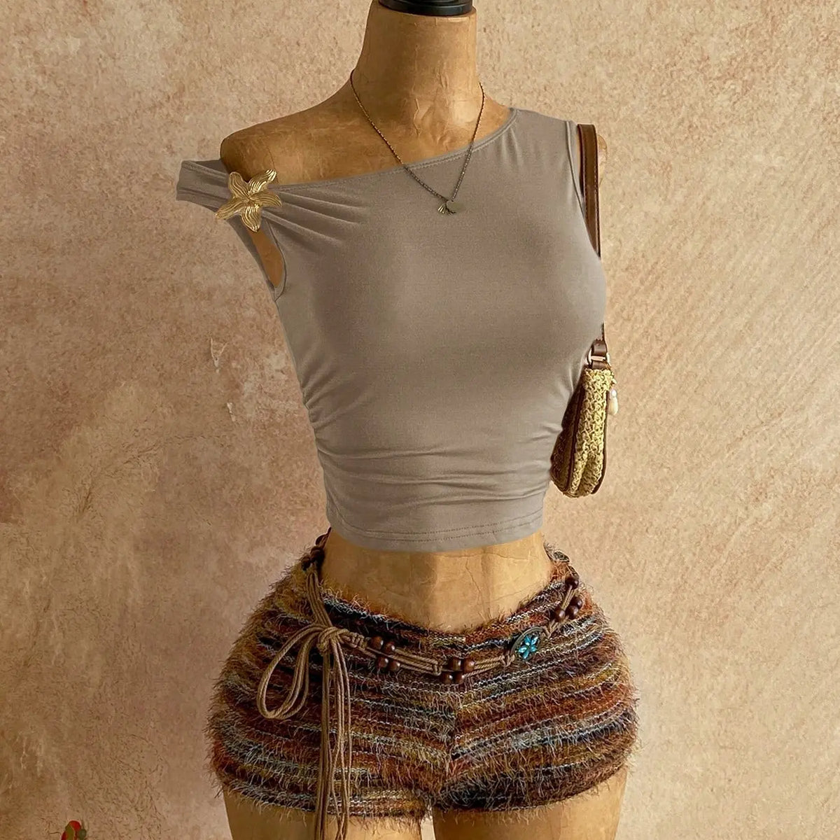 Y2K Aesthetic Casual Womenswear One-Shoulder Sleeveless Metallic Accent Crop Top & Vintage Fringe Tweed Shorts Set Striped Sets Shorts Sets Outfits Summer Sets