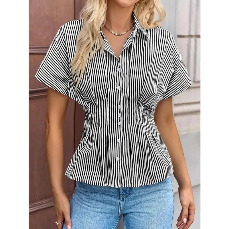 TANKANEO Women's Striped Peplum Button-Down Blouse - Short-Sleeve Batwing, Fitted Waisted, Pleated Polyester Shirts for Women, Flattering Everyday Tops, Breathable Casual Summer Business Wear