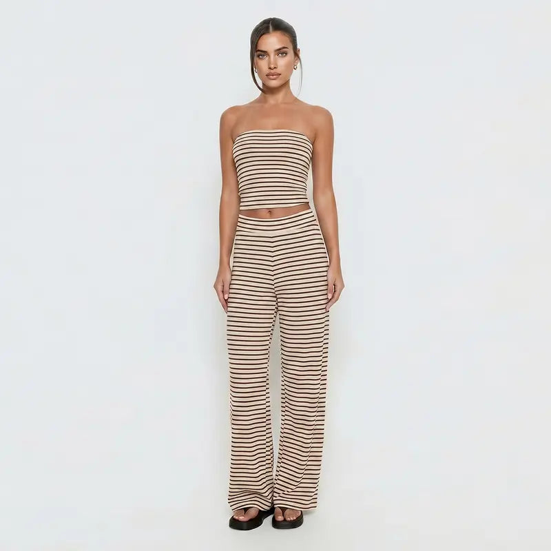Katch Me Chic(US/CN)Women's Casual Color Matching Stripe Slim Tube Top & Low-Rise Wide Leg Trousers Co-ord, Lightweight Wrinkle-Resistant Spring & Summer Outfits, Skin-Friendly Two Piece Sets #TikTokMadeMeBuyIt #TwoPieceSet #SummerEssentials Cropped Soft