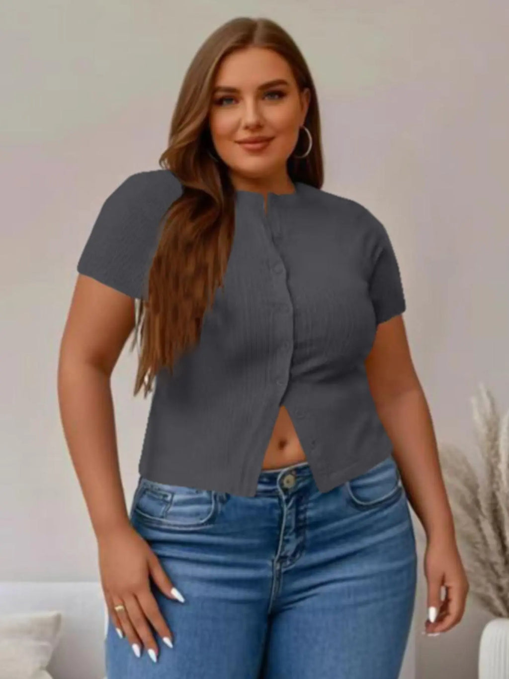 Plus Size Fitted Basic Solid Ribbed Short Sleeve Round Neck Top, Casual Button Front Button Down Closure Top for Summer, Women's Clothing for Daily Wear