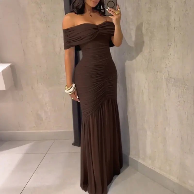 CHICME Women's Off-Shoulder Foldover Ruched Cinched Waist Minimalist Slim-Fit Mermaid Hem Evening Gown - Bump-Friendly Party & Wedding Guest Dress