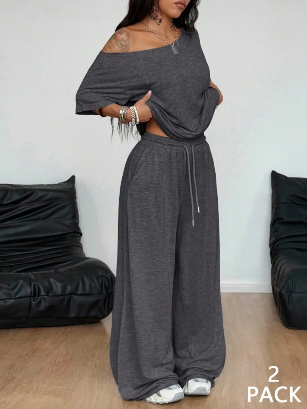 2pcs/Set Women's Minimalist Basic Daily Wear Going Out Sport Comfortable Off Shoulder T-Shirt And Wide Leg Pants Two Pieces Outfits Clothes