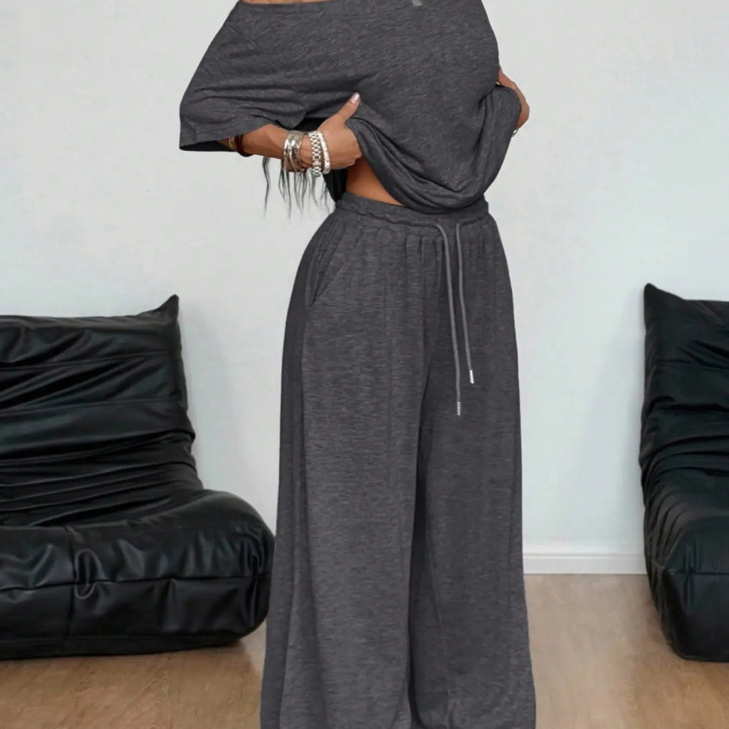 2pcs/Set Women's Minimalist Basic Daily Wear Going Out Sport Comfortable Off Shoulder T-Shirt And Wide Leg Pants Two Pieces Outfits Clothes