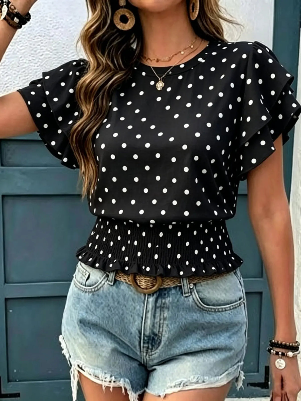 Women's Casual Polka Dot Ruffled Hem Short Sleeve Round Neck Top, Summer Fashion Blouse, Comfortable and Stylish Top for Daily Wear