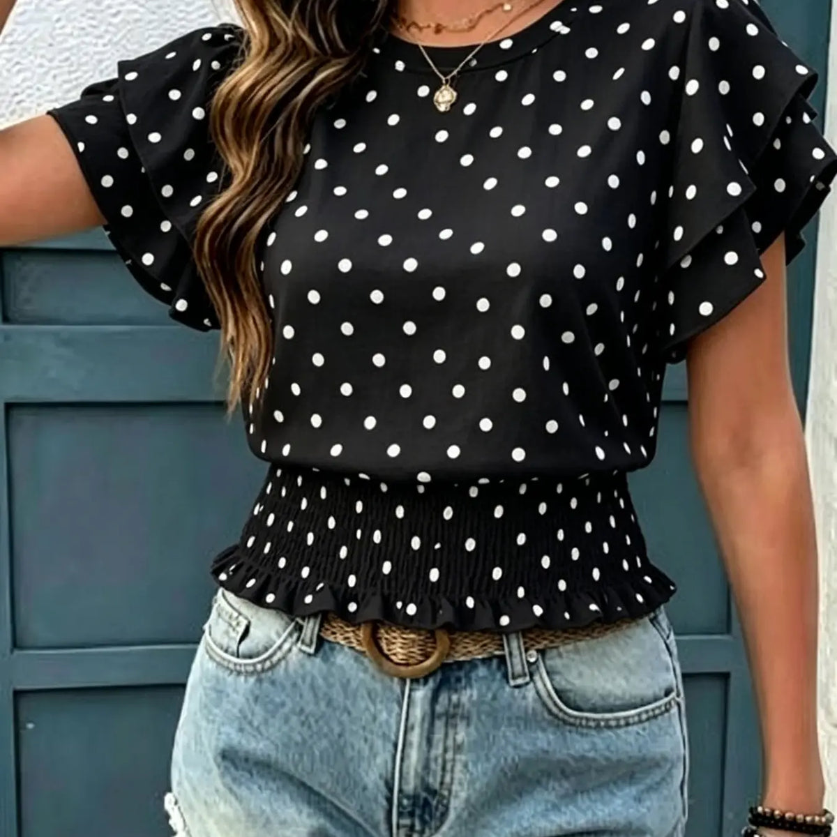 Women's Casual Polka Dot Ruffled Hem Short Sleeve Round Neck Top, Summer Fashion Blouse, Comfortable and Stylish Top for Daily Wear