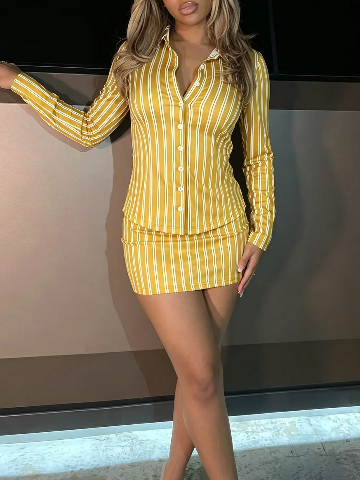 Two-piece Set Women's Fashion Sets Elegant Simple Striped Long Sleeve Lapel Button Sexy Fitted Bodycon Short Skirt Set, Spring & Fall, High Waist Blouse