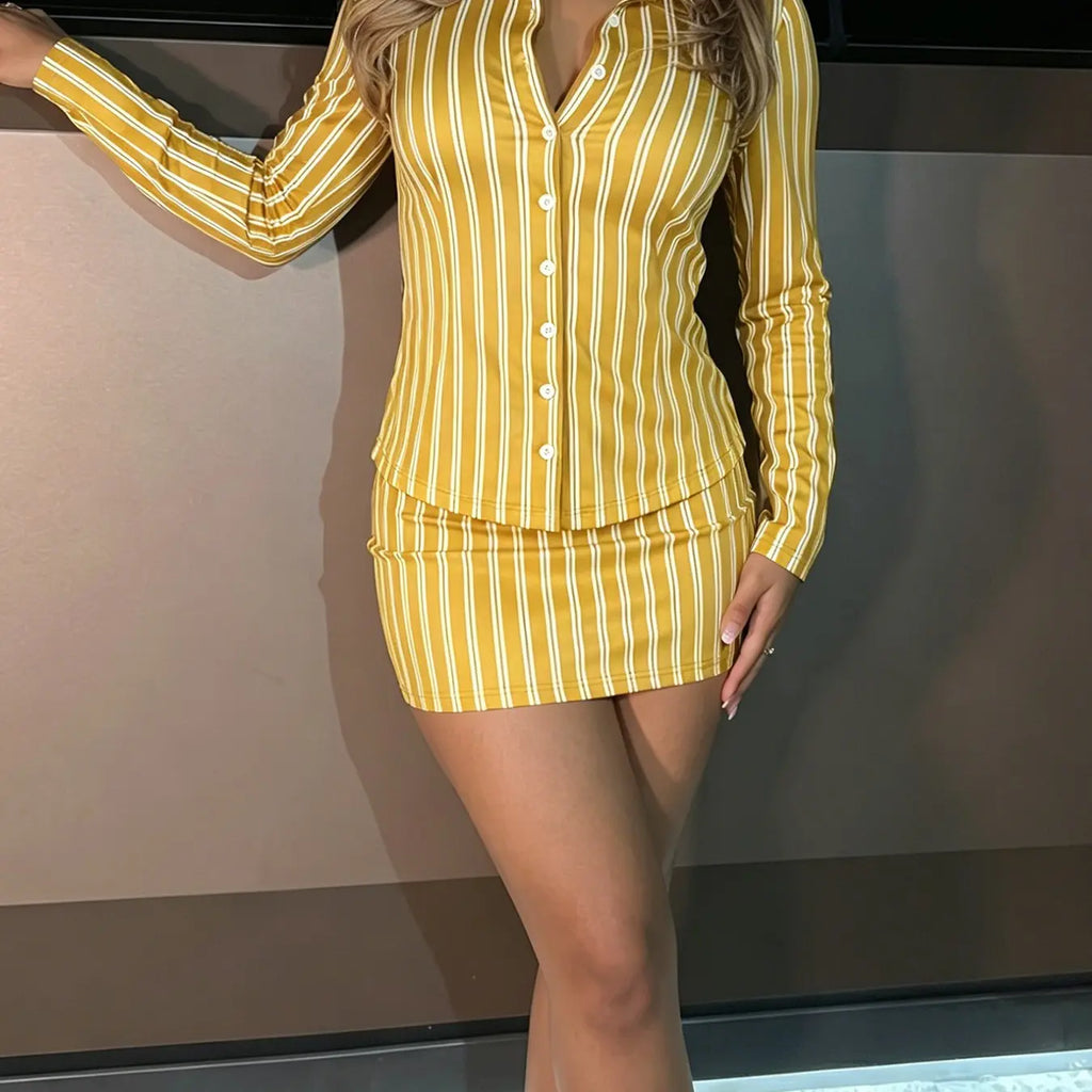 Two-piece Set Women's Fashion Sets Elegant Simple Striped Long Sleeve Lapel Button Sexy Fitted Bodycon Short Skirt Set, Spring & Fall, High Waist Blouse