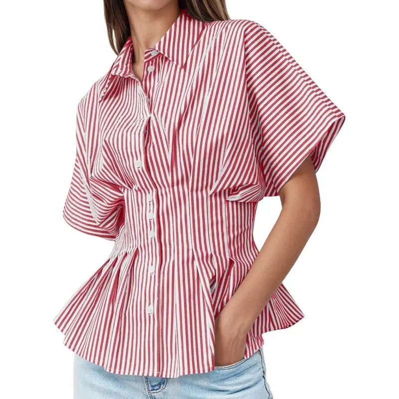 TANKANEO Women's Striped Peplum Button-Down Blouse - Short-Sleeve Batwing, Fitted Waisted, Pleated Polyester Shirts for Women, Flattering Everyday Tops, Breathable Casual Summer Business Wear