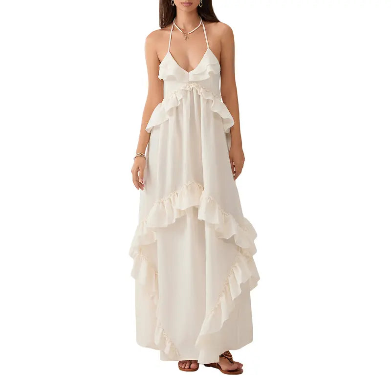 Women's Ocean Style Halter Neck Ruffle Maxi Dress - Lady's Fashion Apparel, V-Neck Tiered Flowy A-Line, Backless Sleeveless Multicolor Casual Wear for Summer Beach Vacation