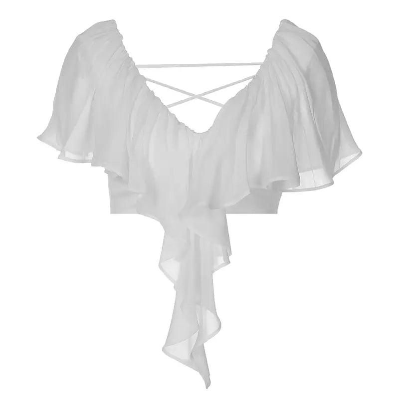 Women's Plain Chiffon Crop Top - Ruffled Flutter Sleeves, V-Neck, Lace-Up Back, Asymmetric Hem, Tiered Layer, Lightweight Semi-Sheer, 2026 Summer Blouses for Women, Festival Wear, Night Out Top, Concert Wear