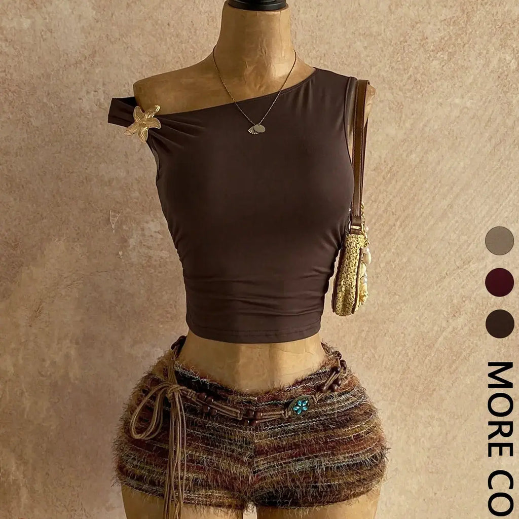 Y2K Aesthetic Casual Womenswear One-Shoulder Sleeveless Metallic Accent Crop Top & Vintage Fringe Tweed Shorts Set Striped Sets Shorts Sets Outfits Summer Sets