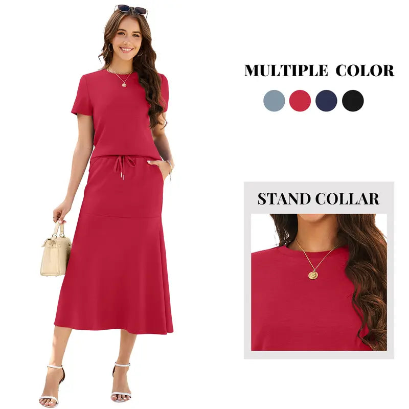 Casly Lamiit Women's 2-Piece Soft Fabric Crew Neck Cap Sleeve Top & Drawstring Midi Skirt Set with Pockets, Summer Lounge Basics Outfits