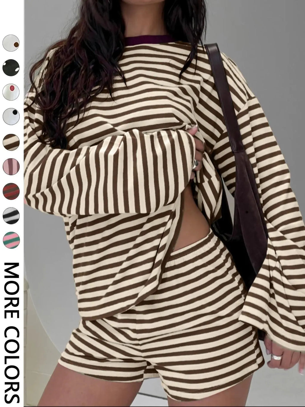 Valentine's Day Women's Casual Striped Long Sleeve Top & Shorts Set, Loose Fit, All Season, Comfortable Travel Clothing for Daily Wear, Two Pieces Outfits