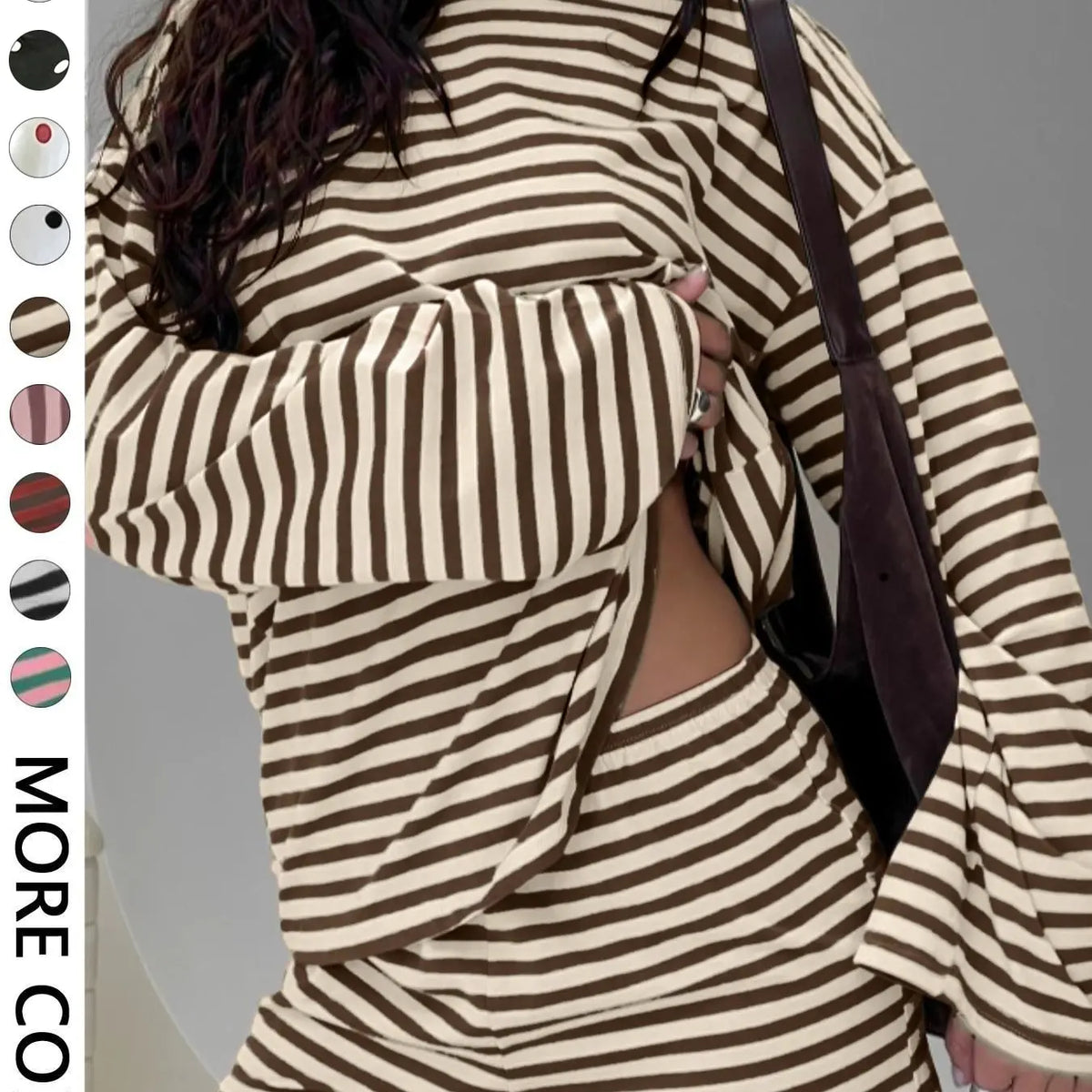 Valentine's Day Women's Casual Striped Long Sleeve Top & Shorts Set, Loose Fit, All Season, Comfortable Travel Clothing for Daily Wear, Two Pieces Outfits