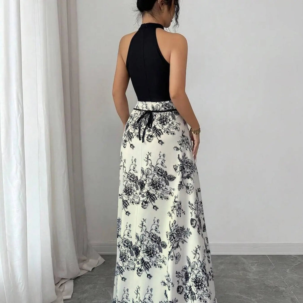 Concert Outfit Dress Women's Casual Feminine Elegant Chic Party Tank Top, Floral Print Patchwork Waist Dress, Medium-Length Sleeveless Summer, Casual Elegant Dresses, Womenswear