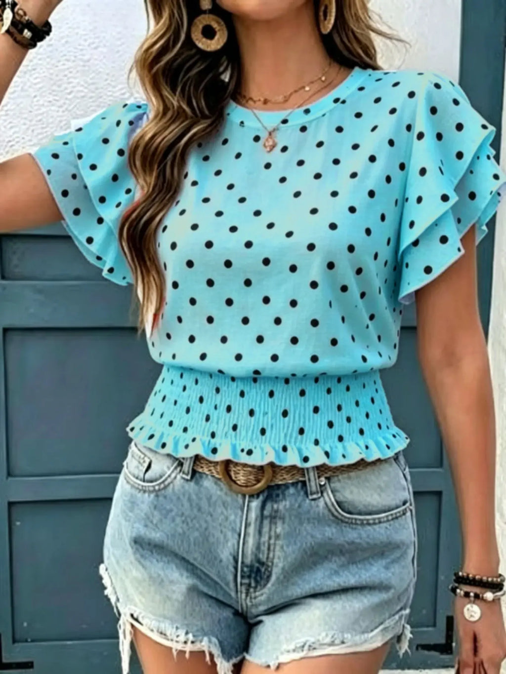 Women's Casual Polka Dot Ruffled Hem Short Sleeve Round Neck Top, Summer Fashion Blouse, Comfortable and Stylish Top for Daily Wear