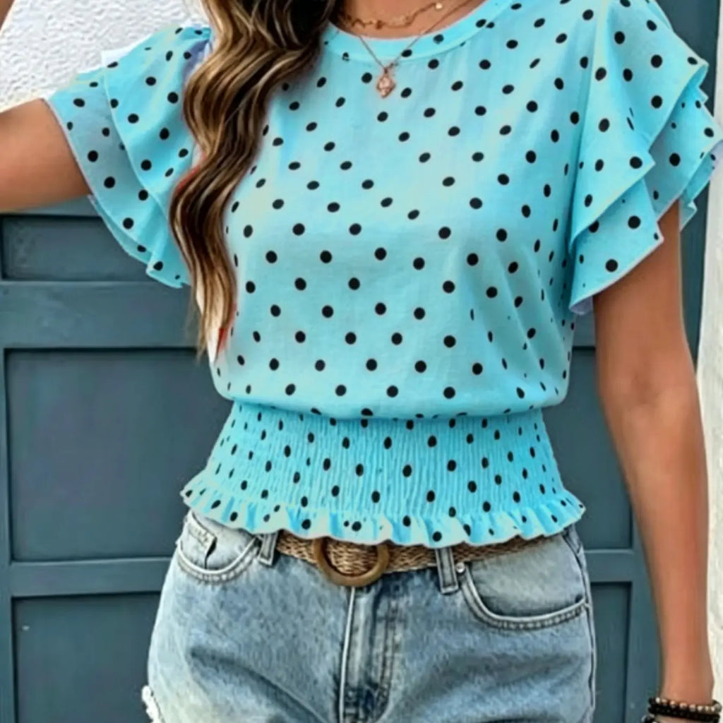 Women's Casual Polka Dot Ruffled Hem Short Sleeve Round Neck Top, Summer Fashion Blouse, Comfortable and Stylish Top for Daily Wear