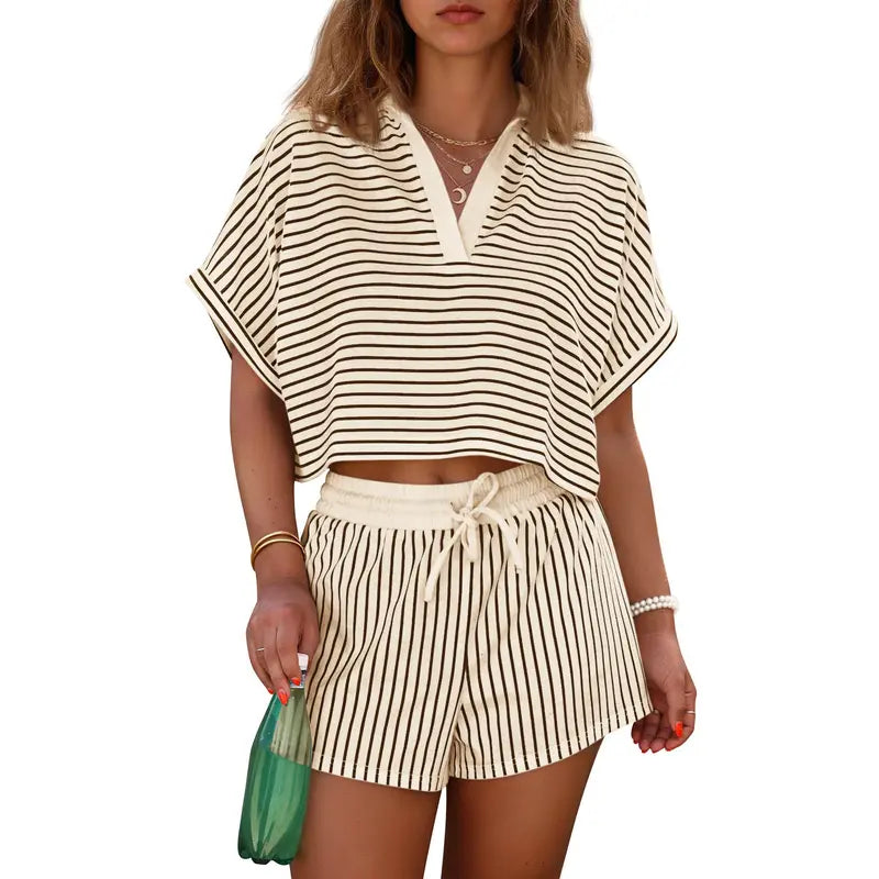 Cicy Bell Womens Striped 2 Piece Short Sets Summer Short Sleeve Collared V Neck Cropped Tops Vacation Casual Lounge Outfits