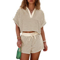Cicy Bell Womens Striped 2 Piece Short Sets Summer Short Sleeve Collared V Neck Cropped Tops Vacation Casual Lounge Outfits