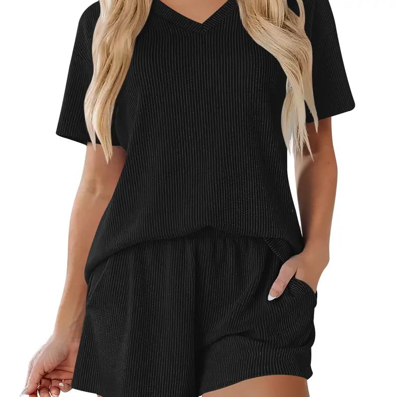 Women's Ribbed Short-Sleeve Top and Shorts Lounge Set with Pockets