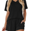 Women's Ribbed Short-Sleeve Top and Shorts Lounge Set with Pockets