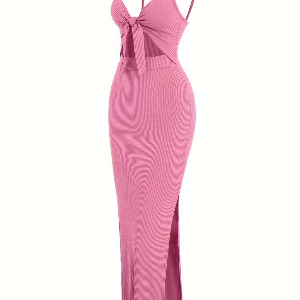 Women's Plain Cut Out Knot Front Split Thigh Bodycon Long Dress, Spaghetti Strap Sleeveless, Summer Clothes Women, Solid Cami Dress, Ladies Casual Summer Evening Party Nightclub Dress