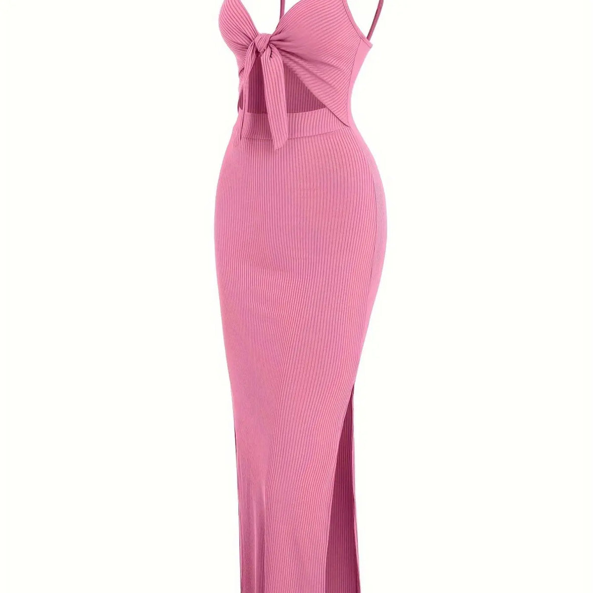 Women's Plain Cut Out Knot Front Split Thigh Bodycon Long Dress, Spaghetti Strap Sleeveless, Summer Clothes Women, Solid Cami Dress, Ladies Casual Summer Evening Party Nightclub Dress