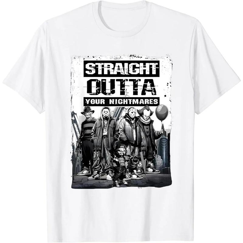Straight Outta Nightmares" Men's Vintage Horror Halloween T-Shirt - 100% Cotton Casual Round Neck  gifts
